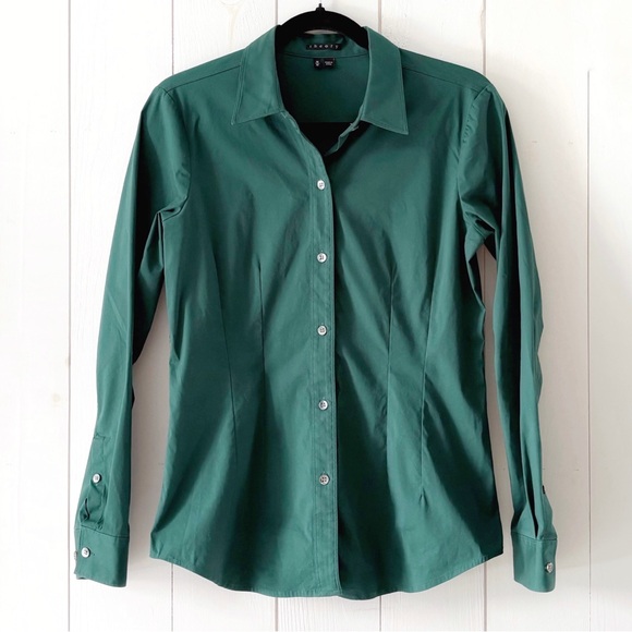 Theory Tops - Theory Green Cotton Blend Tailored Button-Up Shirt Size Medium